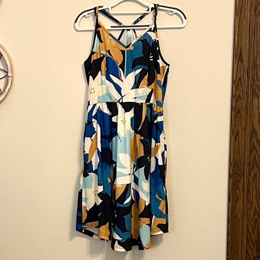Women’s Blue and Gold Strappy Summer Dress, Size Medium, EUC